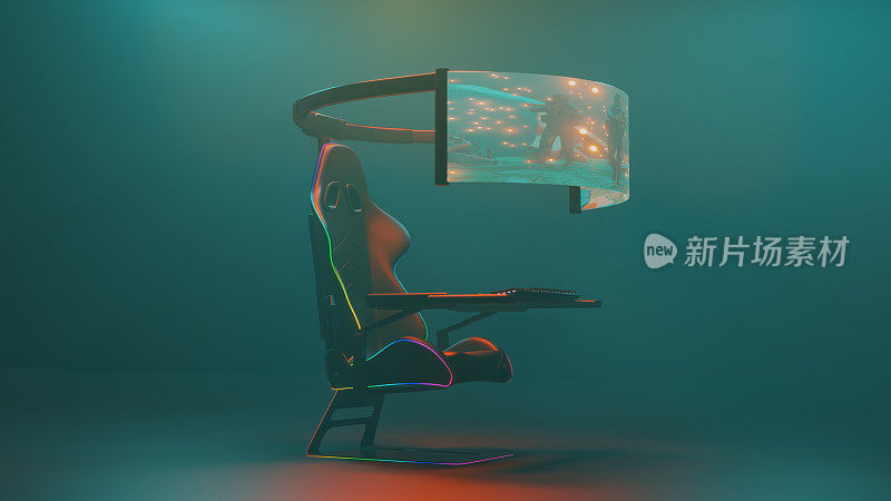未来的游戏设置与巨大的屏幕和集成椅子