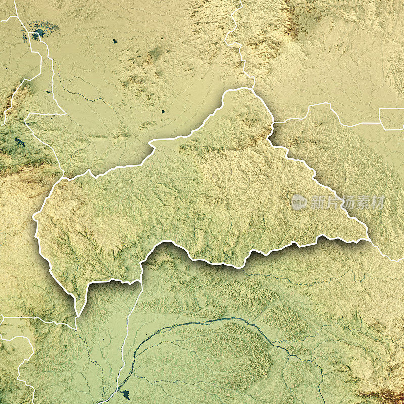 中非共和国三维渲染地形图颜色边界