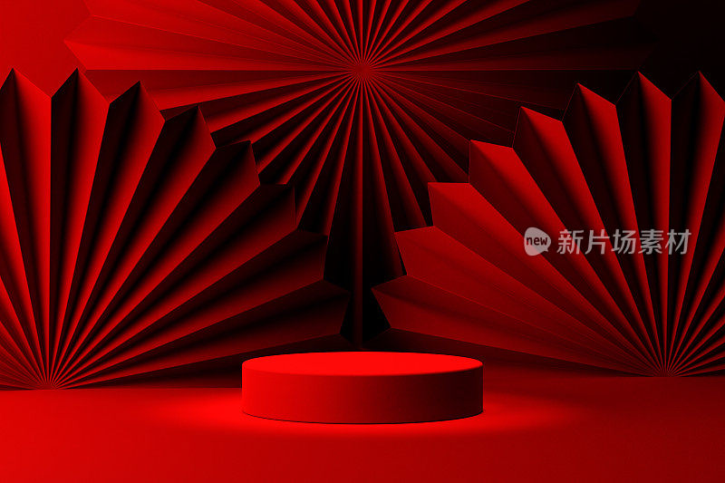红色产品舞台平台用红色亚洲纸扇组成。奢侈品展示农历新年的模型。中国新年广告的3d渲染平台底座。