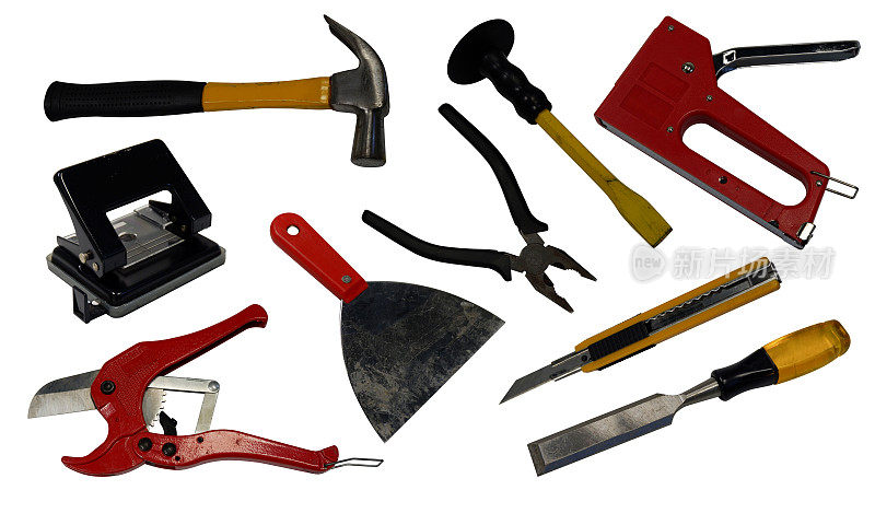 施工工具和电气设备，锤子，锁霜，切割器，组合扳手，喇叭，剪刀在白色背景
