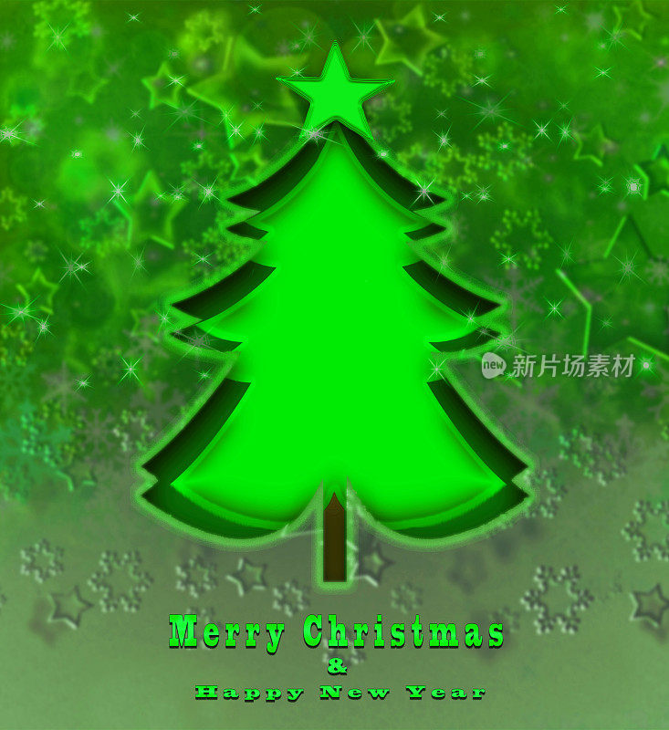 闪亮的绿色圣诞和新年贺卡，有圣诞树，雪花和星星形状。