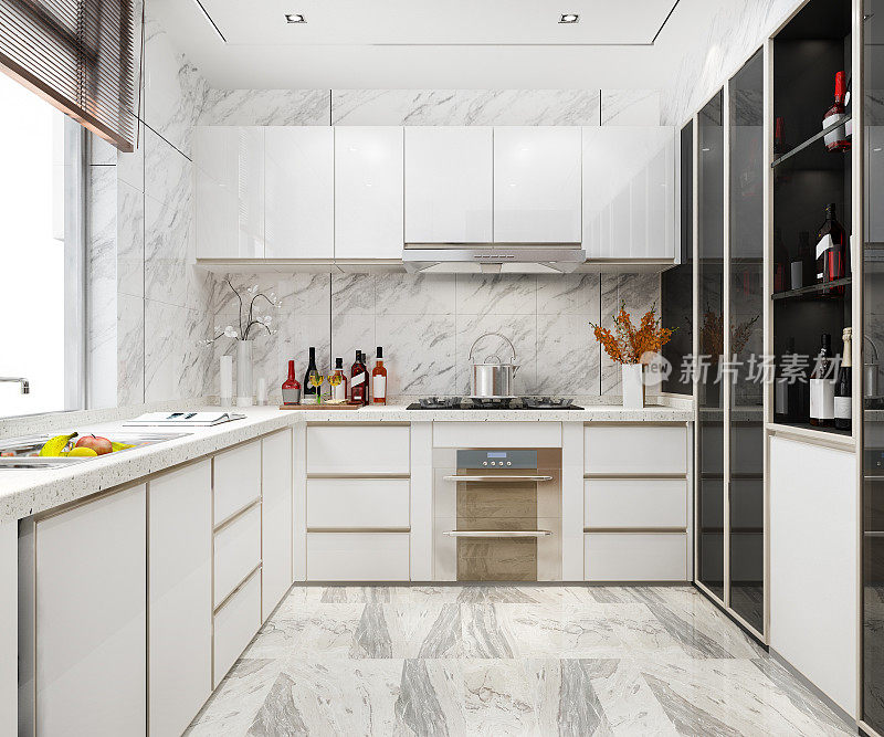 三维渲染白色最小厨房与木材装饰