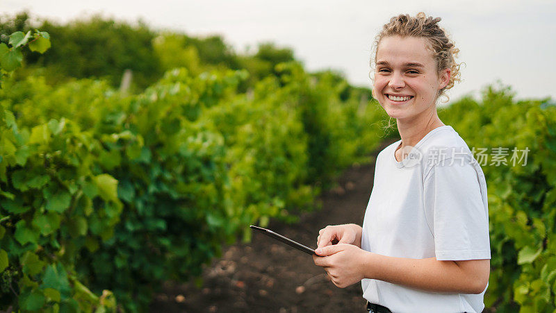 一名农民在平板电脑上记录葡萄在她的葡萄地里生长，看着镜头，微笑着。互联网应用程序。互联网技术。质量控制。