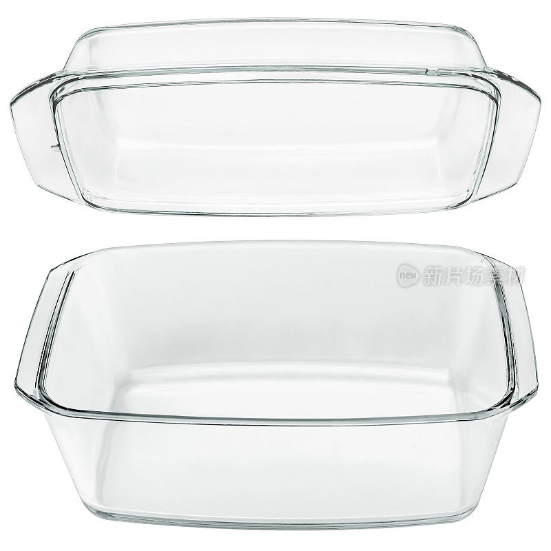 长方形透明玻璃砂锅烤盘，其盖子在白色背景上隔离