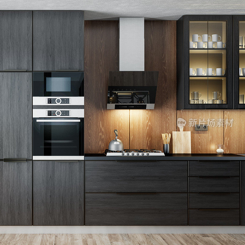 现代极简复古风格的厨房与深色材料。橡木深色木材。
