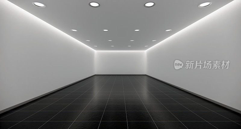 室内空房间现代风格的黑色地板和白色墙壁装饰led照明陈列室在3D渲染。