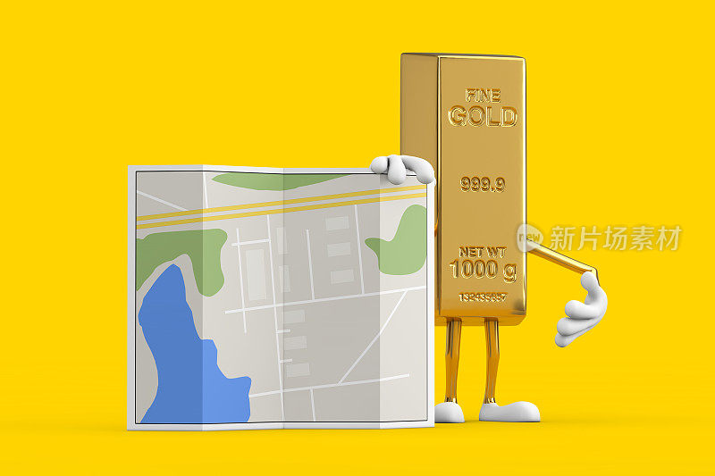 金条卡通人物吉祥物与抽象的城市规划图。3d渲染
