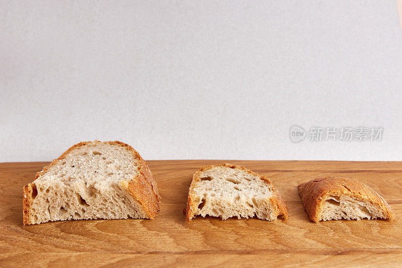 三片面包，大一点，小一点，再小一点放在一块木板上。粮食危机的概念。