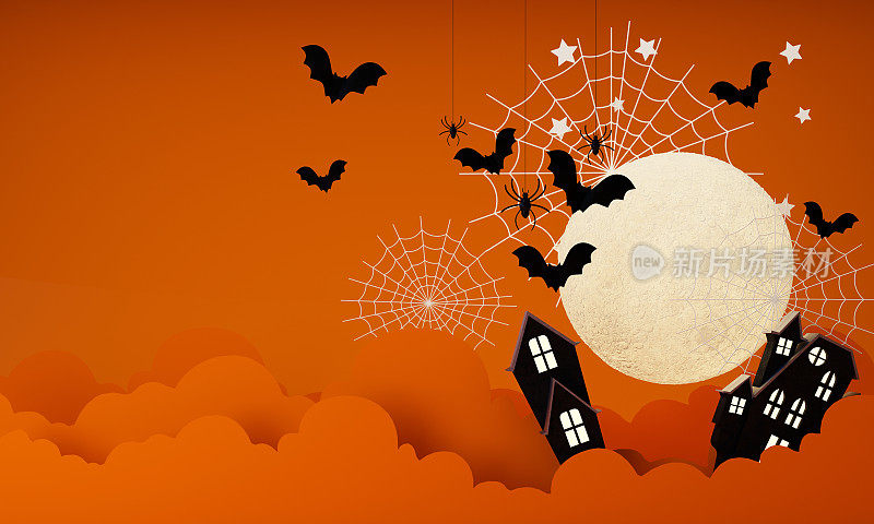 快乐的万圣节横幅或派对邀请背景与云，蝙蝠和发光的南瓜和满月包围的蜘蛛网和鬼卡通风格，招待或恶作剧的庆祝活动。三维渲染
