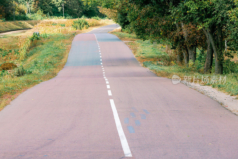 起伏不平的柏油路。前面是一条长长的路，弯弯曲曲的白线延伸到远处。