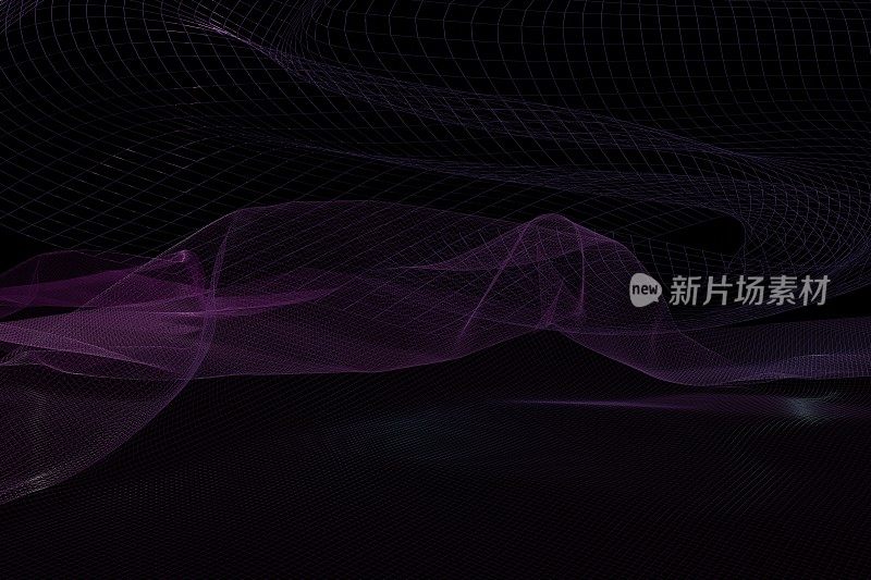 3d渲染波浪紫色网格和发光的光在低键图像