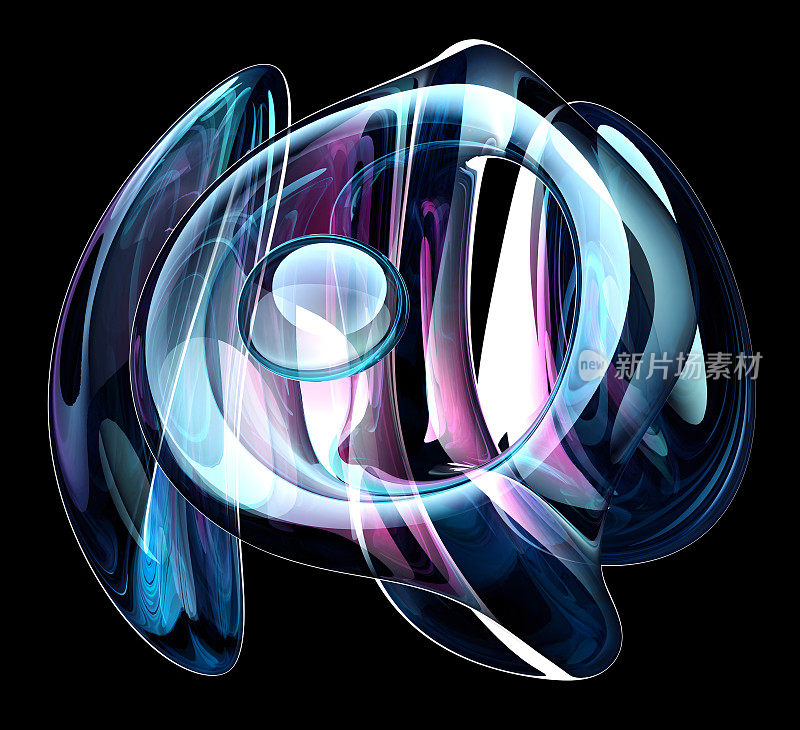 3d渲染抽象艺术与超现实的玻璃球或球在变形变换过程中，紫色和蓝色渐变的颜色在孤立的黑色背景