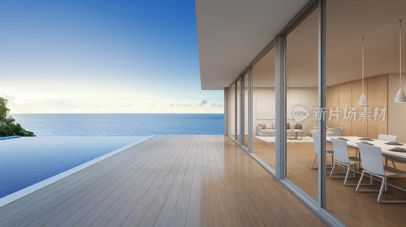 现代设计的豪华海滨别墅，海景游泳池，大家庭度假之家