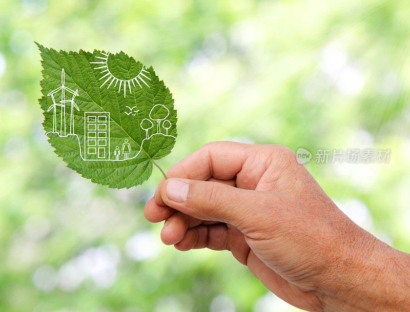 手握绿色城市概念，剪下植物的叶子