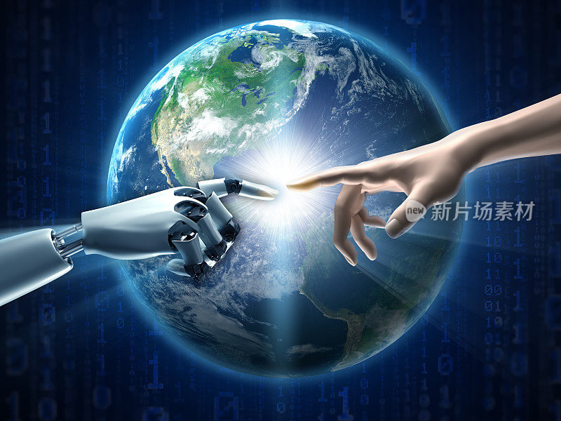 机器人和人类的手指接触，背景是地球