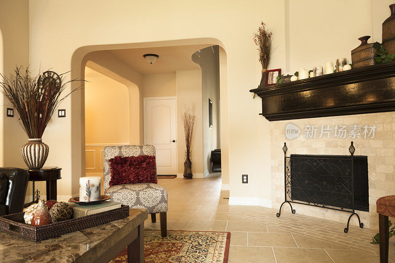 室内设计:现代的入口通道和带有壁炉的客厅。