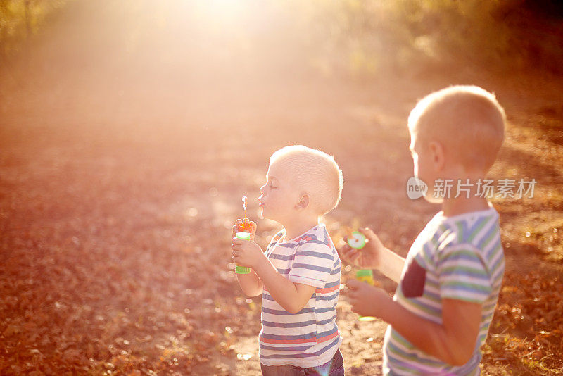 两个金发的小男孩在外面的阳光下吹泡泡