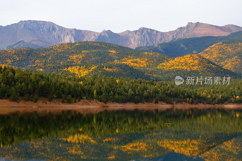 秋天的白杨在水晶溪水库派克峰