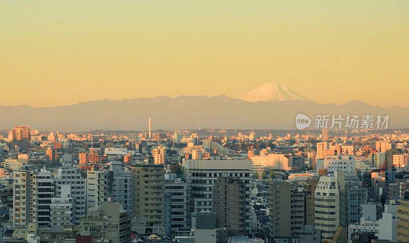 日出时富士山的东京城市景观