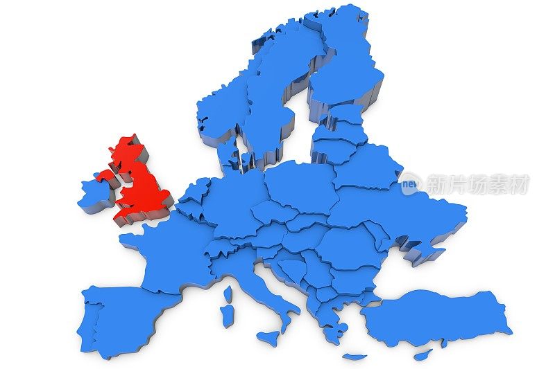 用红色标出英国的欧洲地图