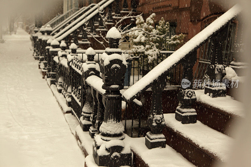积雪覆盖了布鲁克林褐石制联排别墅的门廊和人行道