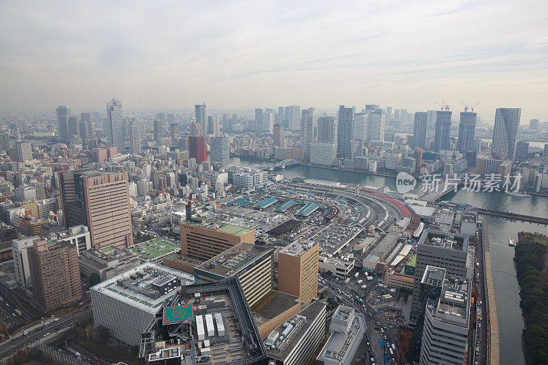 东京市景与筑地鱼市在东京，日本