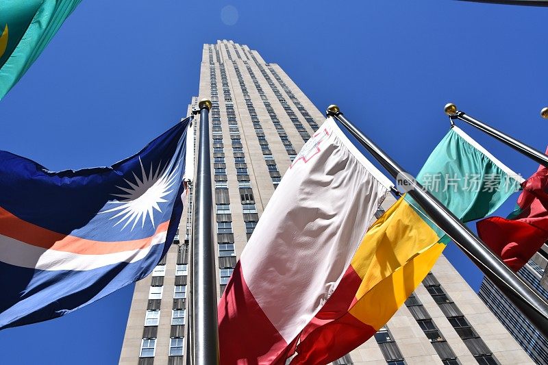 摩天大楼的入口处插着世界国旗