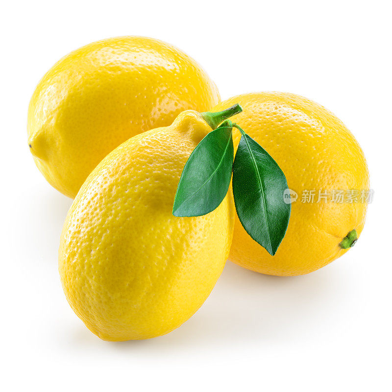 柠檬。三个果实，叶子孤立在白色上
