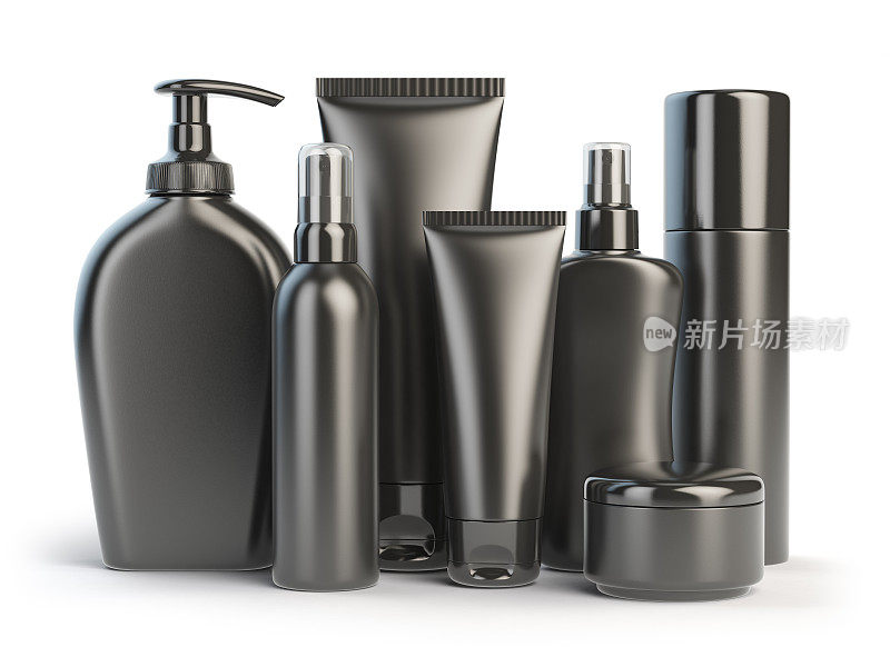 成套化妆品。化妆品系列不同的日常美容护理产品隔离在白色的背景。黑色容器用于装乳霜、软膏、乳液和肥皂。
