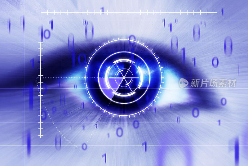 人眼的抽象图像，雷达网格覆盖在瞳孔上。未来或其他概念。