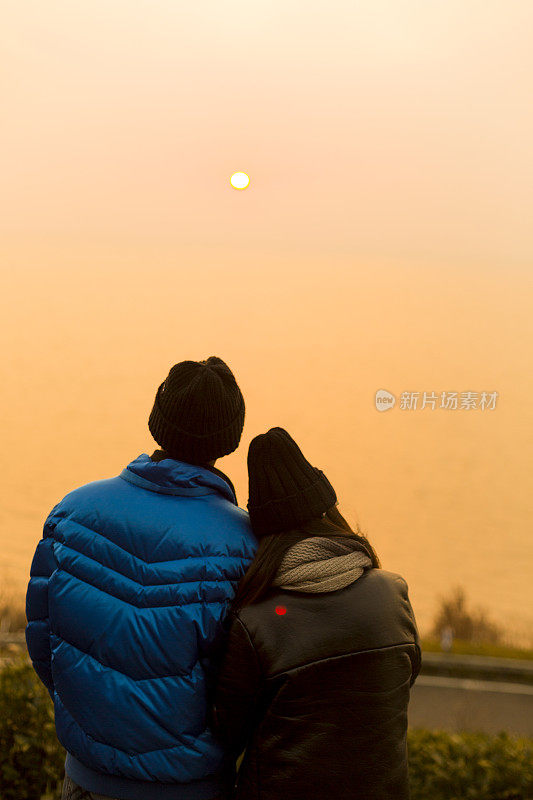 后视图的年轻多情夫妇享受美丽的日落风景