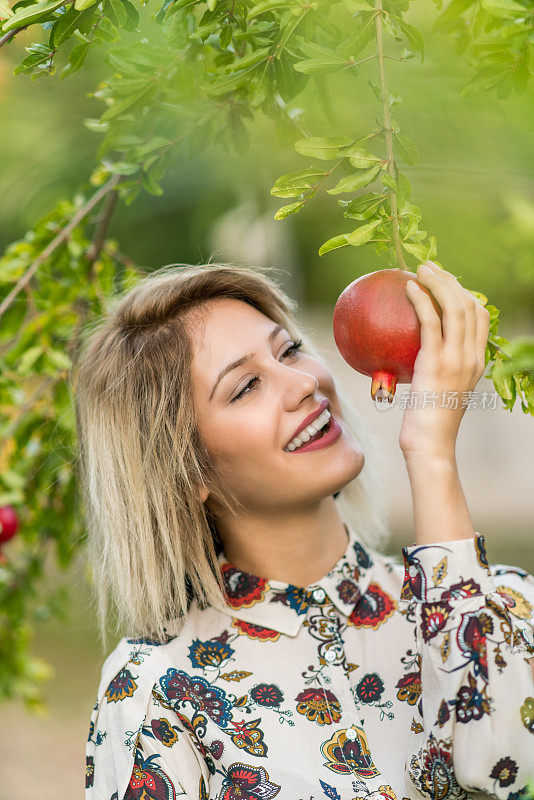 年轻美丽的姑娘和石榴树