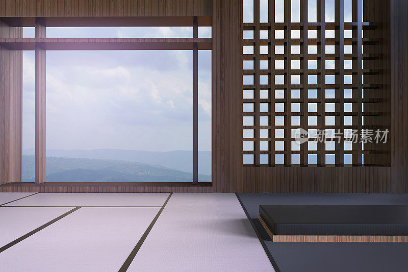 简约的现代日本客厅和窗外的山景