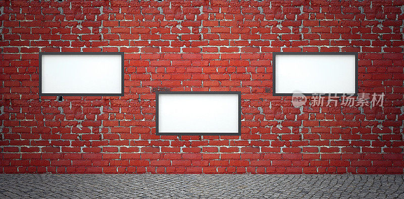 仿空间框架，红砖墙上条幅，石材地板-舞台灯光
