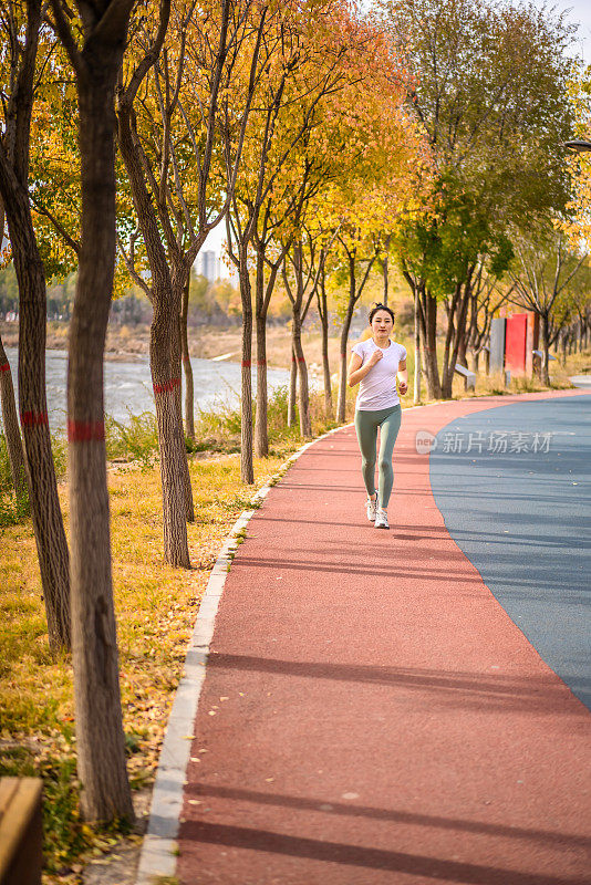 年轻的亚洲女性在城市公园跑步