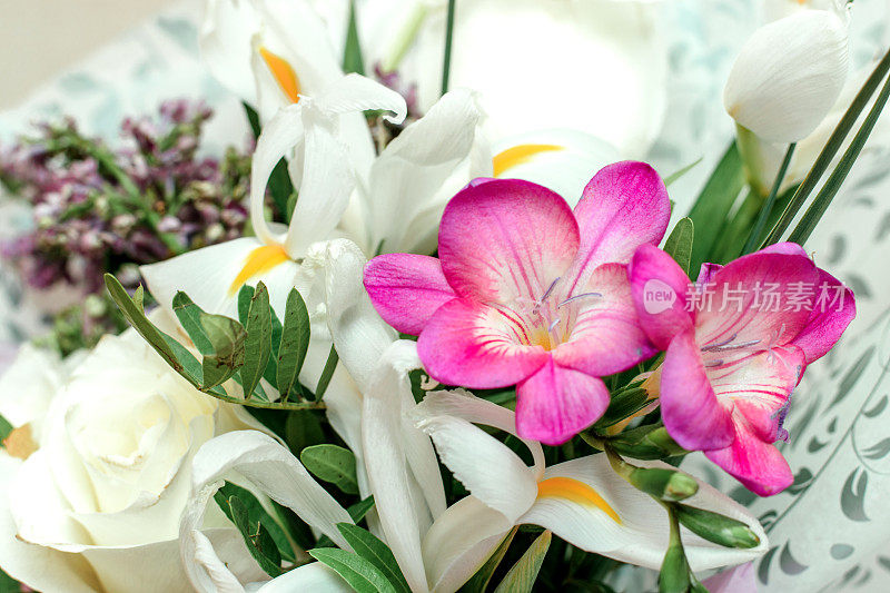 温柔的春天白色玫瑰，白色鸢尾花，丁香和小苍兰的礼品包装。礼物概念为情人节，生日，婚礼，母亲节。