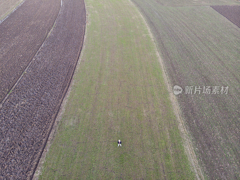 一个成年的农民在他的农场里在早春的时候耕种田地。鸟瞰图。