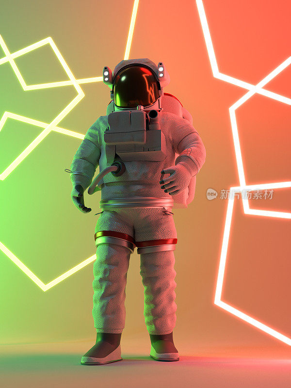 宇航员或宇航员在未来的背景下穿着宇航服