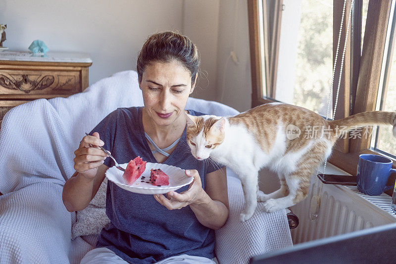 吃西瓜的年轻女人和她的猫闻菜