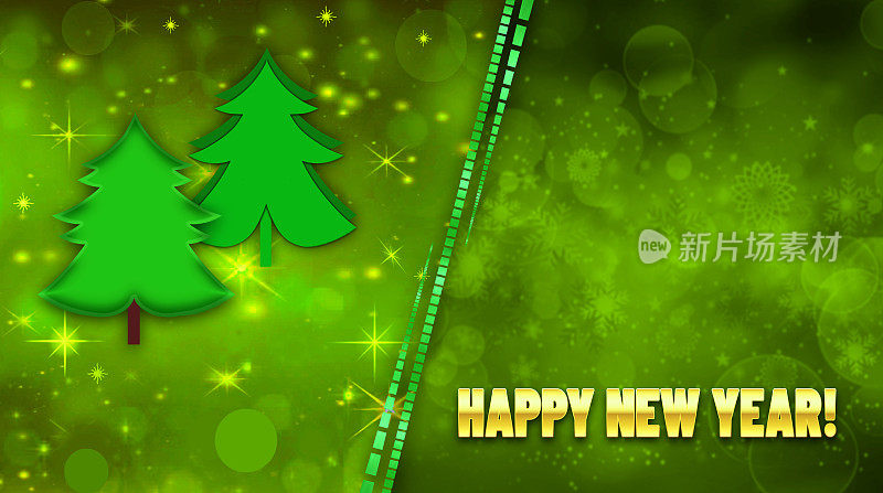 闪亮的绿色和金色的圣诞和新年贺卡，有圣诞树，雪花，泡泡和星星形状。
