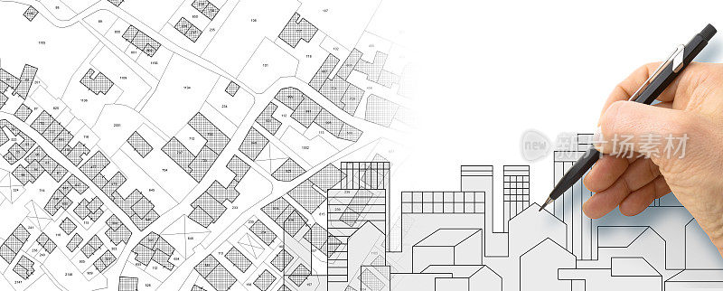建筑师或工程师在一个想象的城市地图上绘制城市天际线和住宅建筑