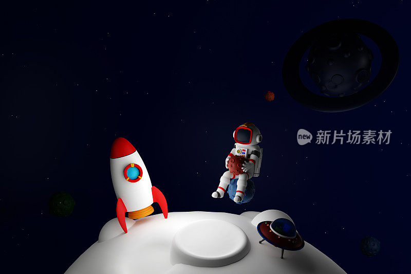 宇航员与火箭和航天飞机漂浮在太空与小行星，月球和不明飞行物，3D渲染。