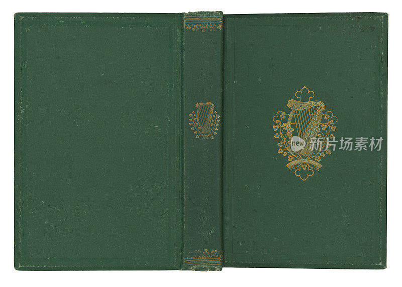 古董绿色精装书与凯尔特竖琴设计