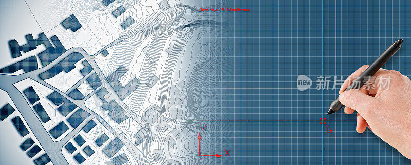 用CAD(计算机辅助设计)计算机软件以dwg格式文件绘制的带有建筑物和道路的假想地籍图-用手和数字笔绘制概念