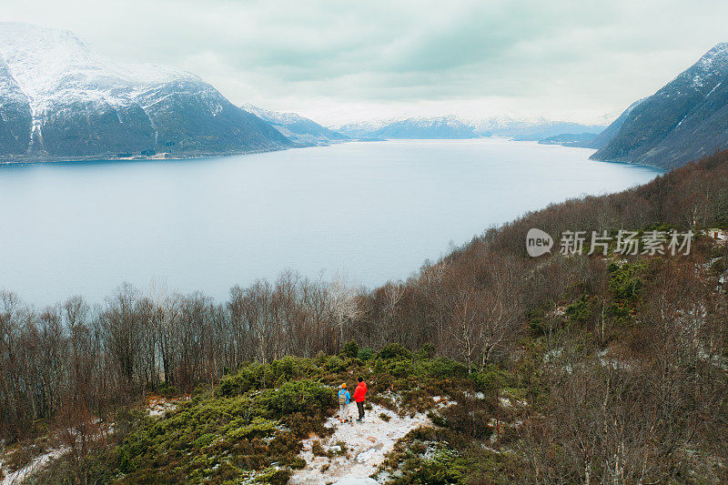 鸟瞰图:女人和男人带着狗呆在山顶上欣赏挪威冬季峡湾的风景