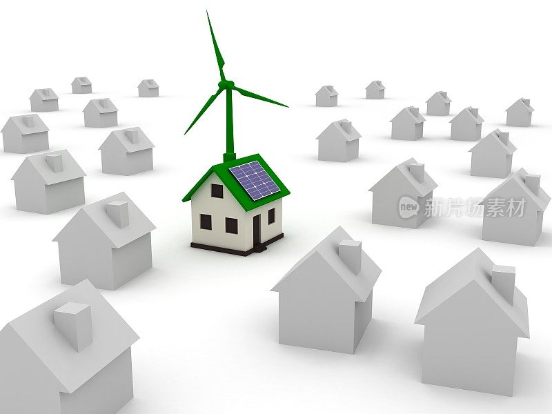 风力涡轮机太阳能电池板房屋可再生能源净零排放