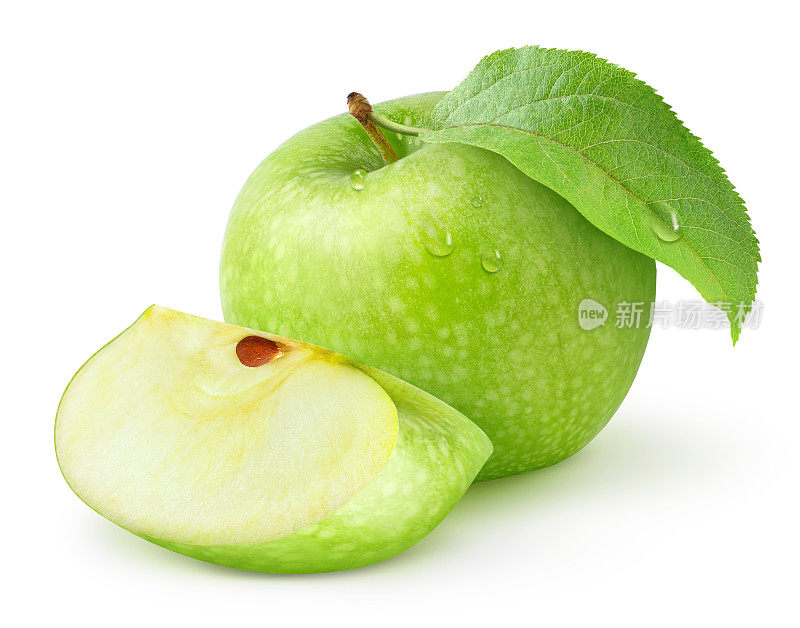 一个带叶子和苹果片的绿苹果