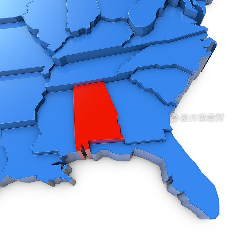 美国地图，阿拉巴马州用红色标出