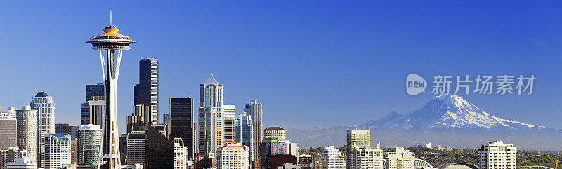 美国西雅图城市天际线和雷尼尔山