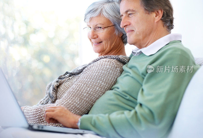 一对退休的老夫妇在用笔记本电脑工作